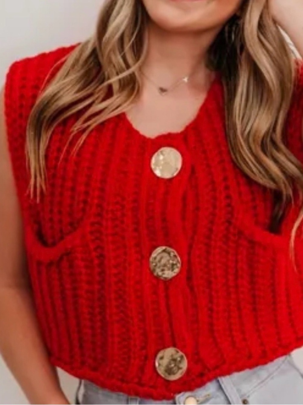 Red Chunky Knit Button-Front Sweater Vest